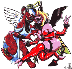 Billie is dressed up like a cheap angel costume, while Junebug is dressed up in a cheap devil costume! Couples costume!
